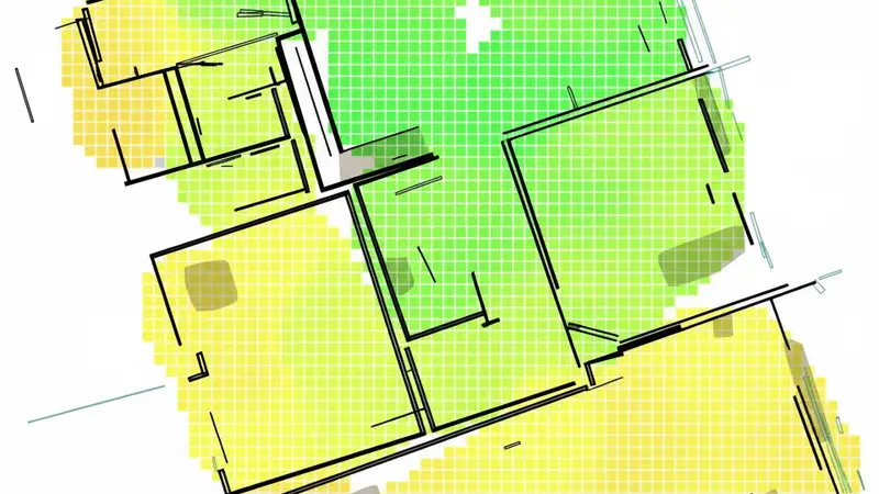 Symbolbild: WLAN-Ausleuchtungsplan mit Heatmap der Funkabdeckung im Gebäudegrundriss