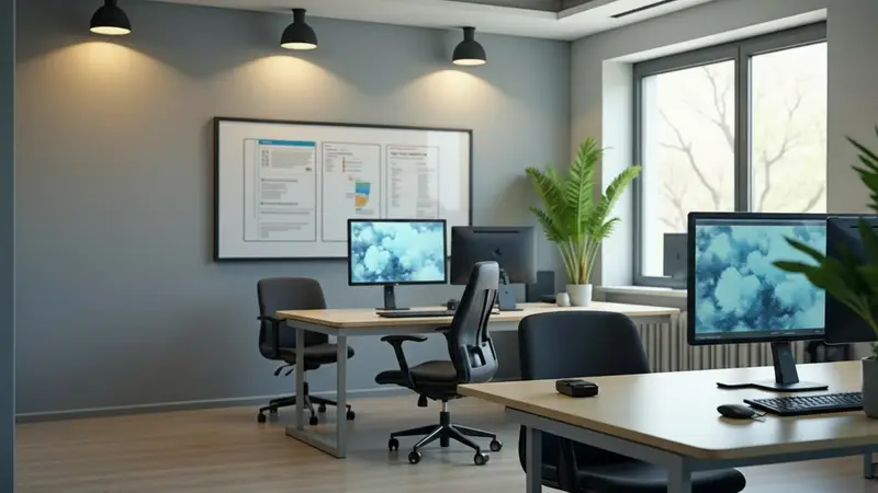 Symbolbild: Büro mit Arbeitsplätzen und Monitoren